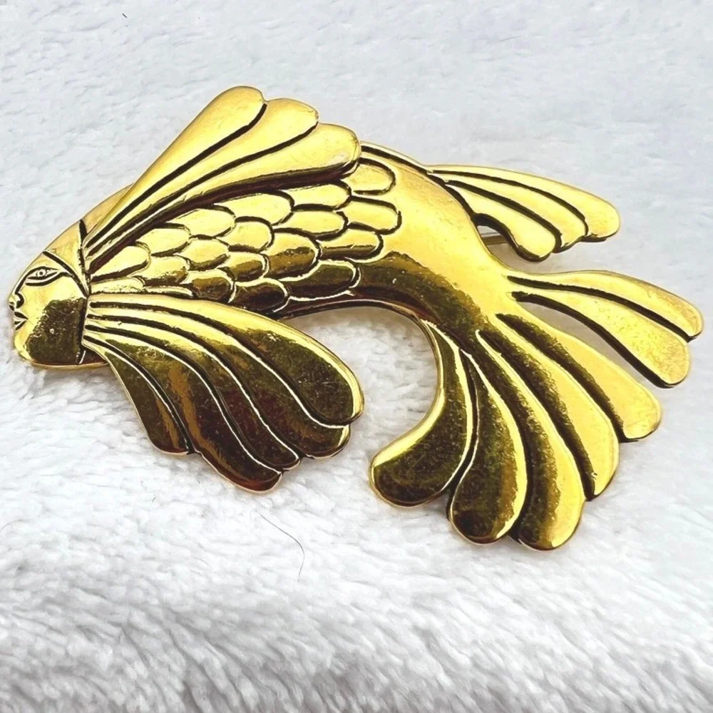 Vintage Fish Brooch Pin Anthropomorphic Laurel Burch Gold Plated Koi 80s 1.75